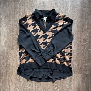 Anne Klein V-neck Black and Brown Houndstooth Women's Sweater Vest Top W/ Shirt